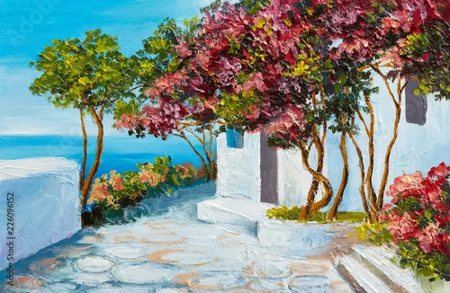 Obraz oil painting - house near the sea, colorful flowers and trees, summer seascape