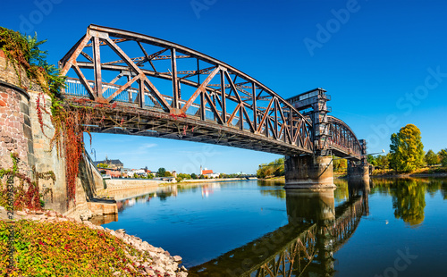 Old Town Railway Bridge in Magdeburg, Elbe river and downtown at Autumn
