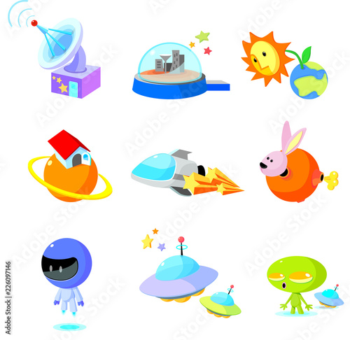 Various space related things with aliens on a white background