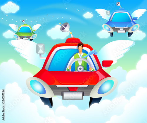 Businessman driving a car in the sky