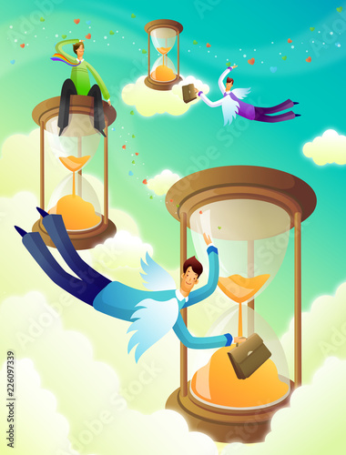 Three businessmen flying with hourglasses