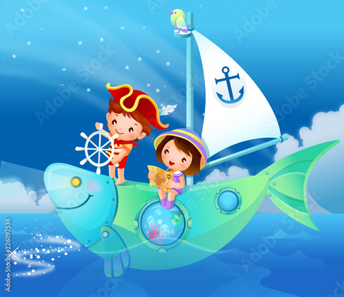 Boy sailing a boat with a girl holding a map