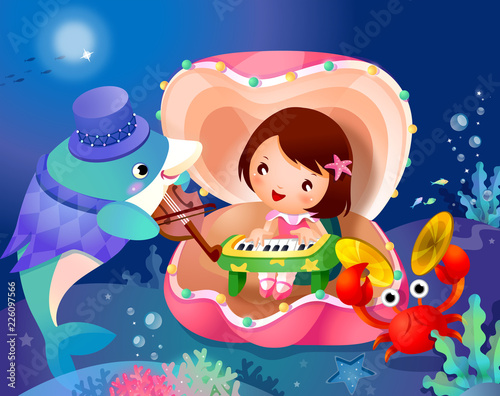 Girl playing a piano in a shell with a dolphin fish and a crab