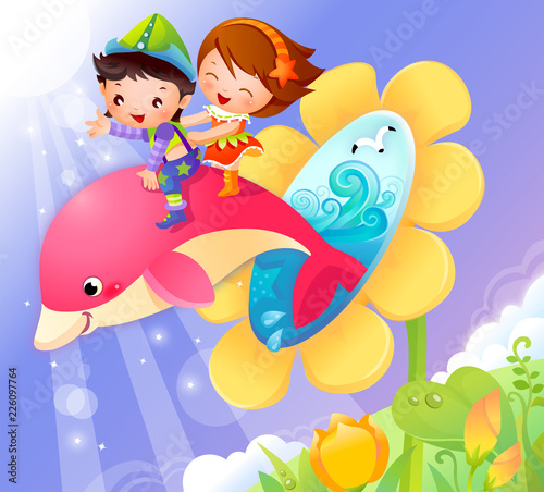 Boy and a girl riding a dolphin