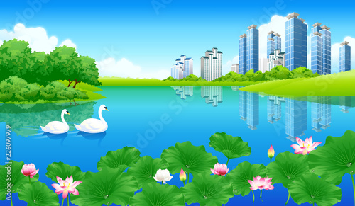 Reflection of buildings in a pond