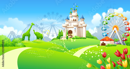 Formal garden in front of an amusement park