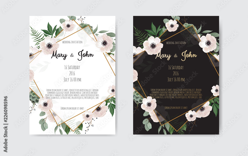 Botanical wedding invitation card template design, white and pink flowers. Vector template set.
