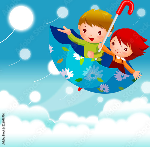 Boy and a girl flying in the sky in an umbrella