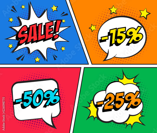 Stylish colorful retro comic speech bubbles set. Expression text Sale, -15%, -25%, -50%. For sales discount banner, poster. Vintage design, pop art style.