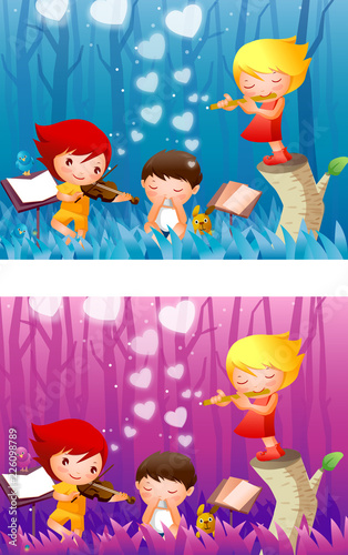 Montage of two girls and a boy playing musical instruments in a forest
