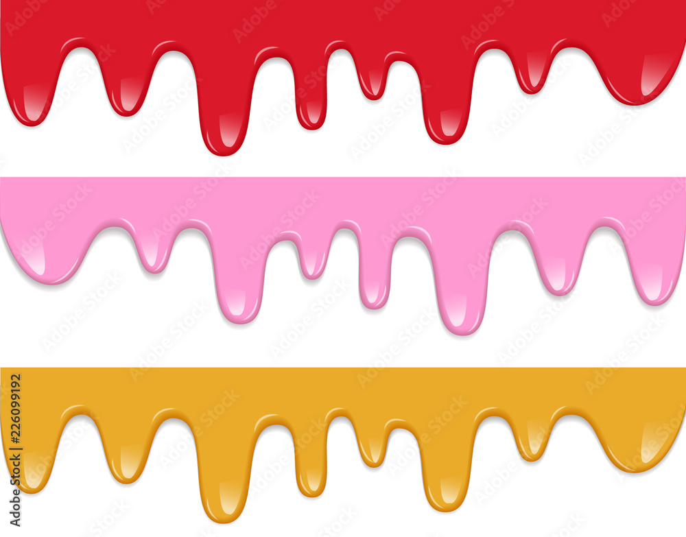 Liquid drips of pink red and yellow sauce, ketchup, yogurt, cream, caramel, honey, paint etc flowing down on white background. Vector illustration of flow drops