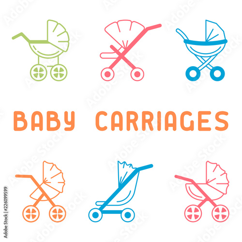 Baby carriages and strollers icons set. Linear style vector illustration