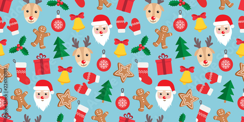 Seamless pattern of Christmas and New Year symbols. Gingerbread man, Santa Claus, deer, bell, candy, gift, ball, Christmas tree, mistletoe, gloves pattern on blue background. Vector illustration.