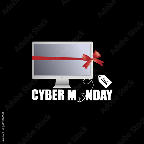 Monitor with red ribbon and bow. Cyber Monday. Computer mouse with sale label. Offer of the transaction. The concept of notice of sale, e-commerce, delivery service. Modern design icons.