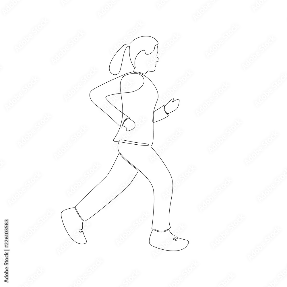 Continuous one drawn line silhouette girl dealing with sports nordic walking.
