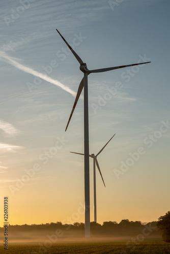 Zwei Windräder mit Bodennebel