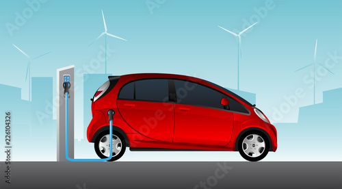 Red electric car with charging station. Vector illustration EPS 10