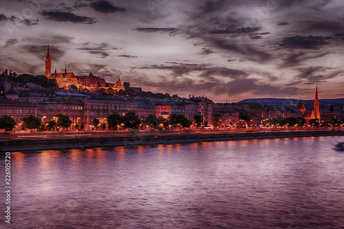 View of Fisherman bastion in Budapest over Danube river at twilight