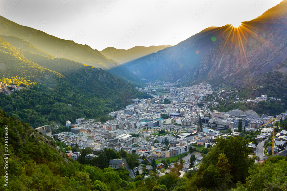 Cityscape in Summer of Andorra La Vella, Andorra. - obrazy, fototapety, plakaty 