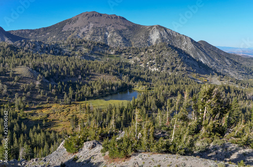 Mount Rose peak and Lake Tamarack scenic view from Tahoe rim trail in Sierra Nevada photo