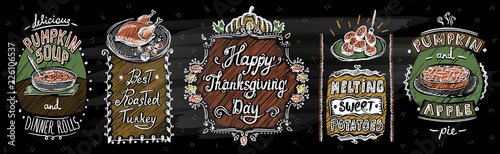 Happy thanksgiving day chalkboard menu with classic dishes