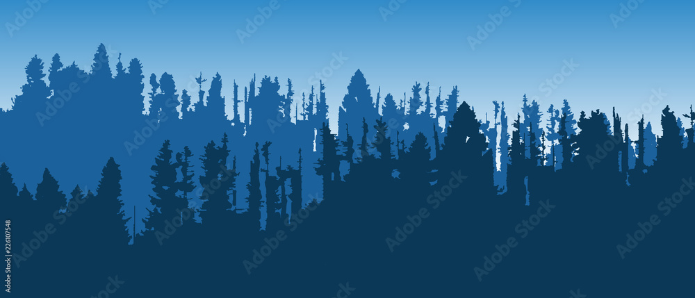 Beautiful blue vector landscape with layered forested mountains.