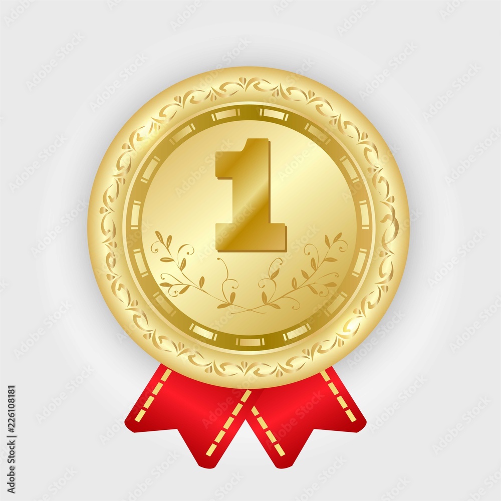 Gold medal vector. Golden 1st place badge. Sport game award with red ribbon. Gold medal vector. Golden 1st place badge. Sport game award with red ribbon.
