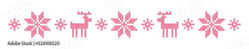 Vector illustration with red background and white cross stitched snowflakes and reindeers. Ornamental decoration for Christmas and New Year winter holidays