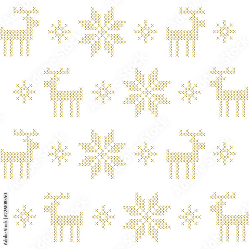 Vector illustration seamless pattern with white background and gold cross stitched snowflakes and reindeers. Ornamental decoration for Christmas and New Year holidays
