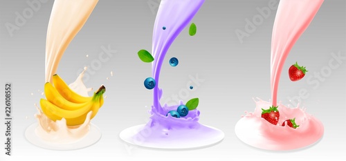 Fruit, berries and yogurt. Realistic illustration 3d vector icon set 3