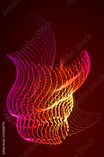 Abstract colorful digital landscape with flowing particles. Cyber or technology background. Red, pink, orange colors.
