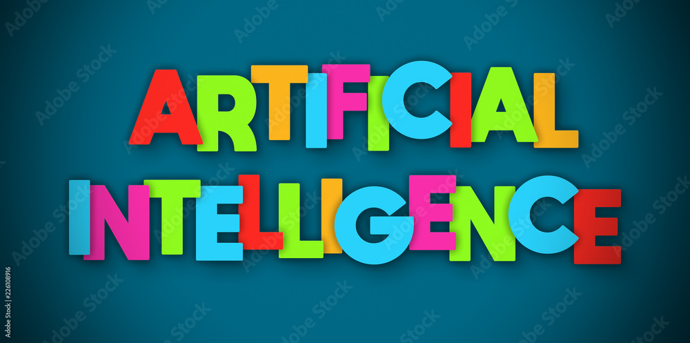 Artificial Intelligence - overlapping multicolor letters written on blue background Artificial Intelligence - overlapping multicolor letters written on blue background