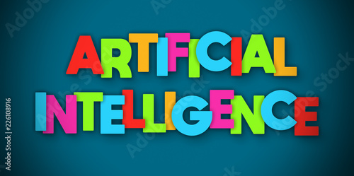Artificial Intelligence - overlapping multicolor letters written on blue background