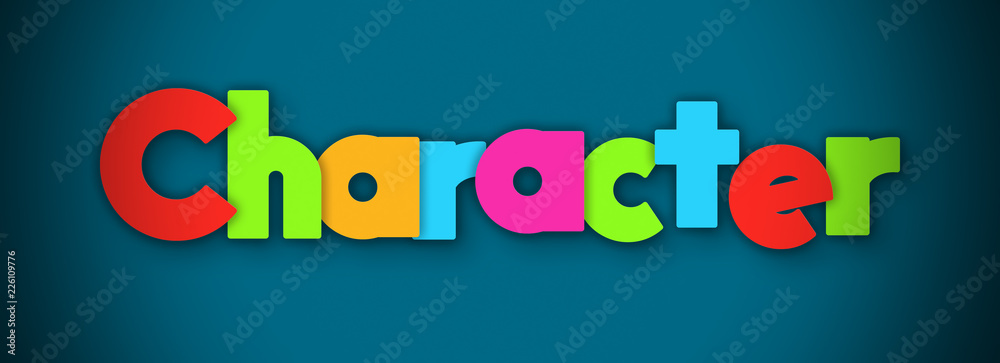 Character - overlapping multicolor letters written on blue background