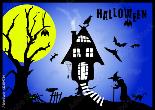 Halloween mit Hexe, Fledermäuse, Katze und Krähe