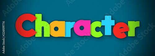 Character - overlapping multicolor letters written on blue background