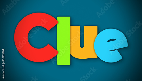 Clue - overlapping multicolor letters written on blue background