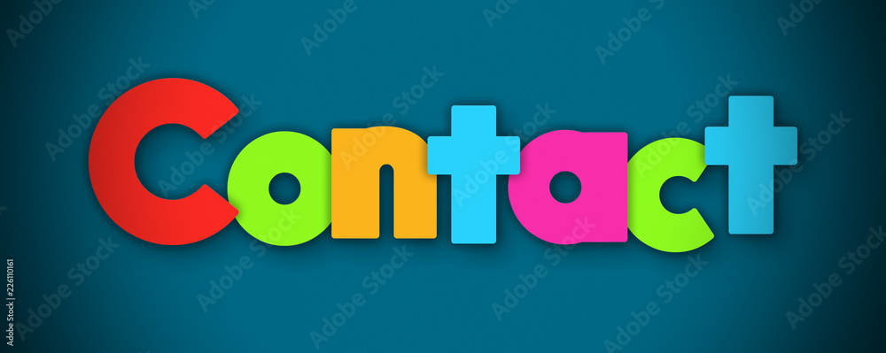 Contact - overlapping multicolor letters written on blue background Contact - overlapping multicolor letters written on blue background