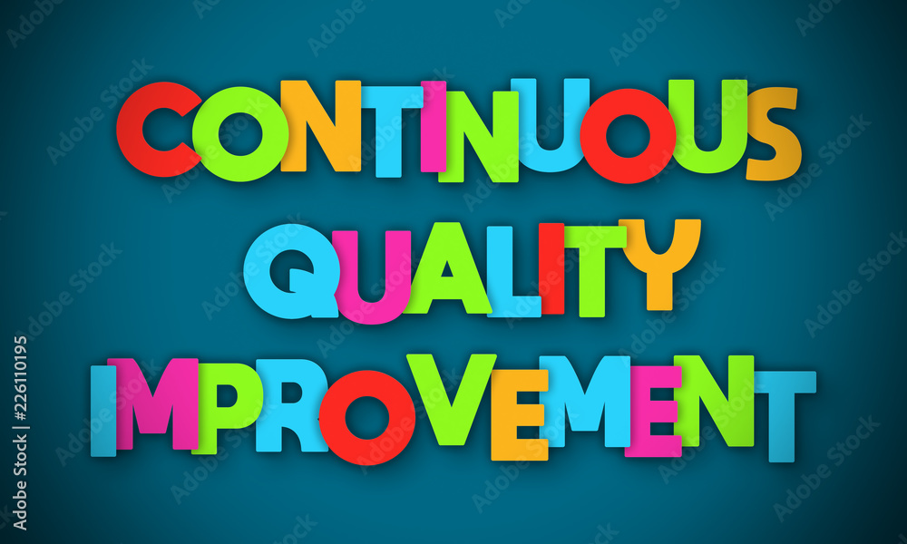 Continuous Quality Improvement - overlapping multicolor letters written on blue background