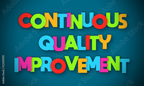 Continuous Quality Improvement - overlapping multicolor letters written on blue background