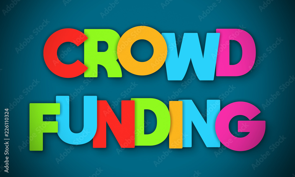 Crowd Funding - overlapping multicolor letters written on blue background Crowd Funding - overlapping multicolor letters written on blue background