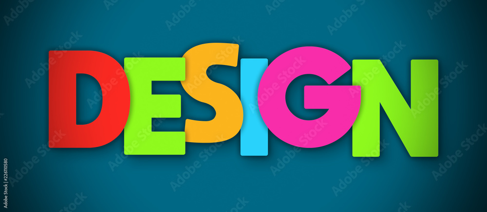 Design - overlapping multicolor letters written on blue background Design - overlapping multicolor letters written on blue background