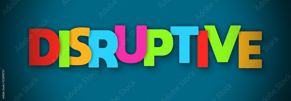 Plakat Disruptive - overlapping multicolor letters written on blue background