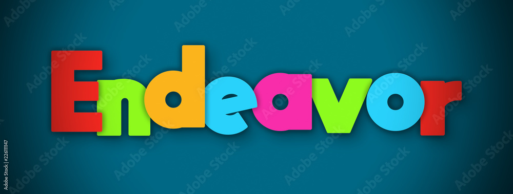 Endeavor - overlapping multicolor letters written on blue background