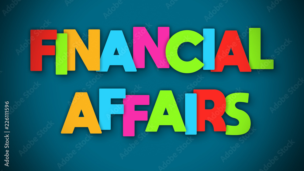 Financial Affairs - overlapping multicolor letters written on blue background