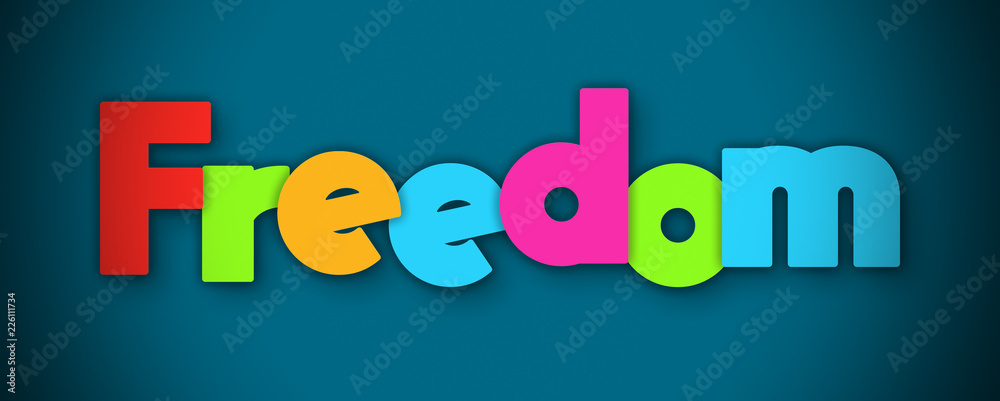 Freedom - overlapping multicolor letters written on blue background Freedom - overlapping multicolor letters written on blue background