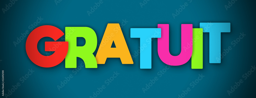 Gratuit! - overlapping multicolor letters written on blue background