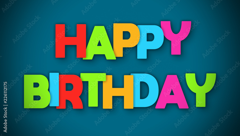 Happy Birthday - overlapping multicolor letters written on blue background