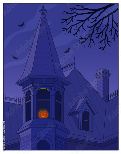Haunted House / A pumpkin sits on a window of an haunted house.