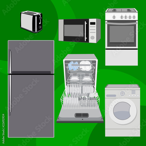 Home electronics appliances dishwasher, refrigerator, toaster, microwave, gas stove, washing machine. Vector illustration, flat.